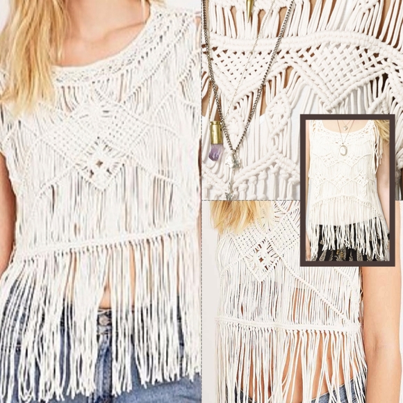Macrame "Topper" Ivory Cotton Denim & Supply Long Fringe - Picture 5 of 6